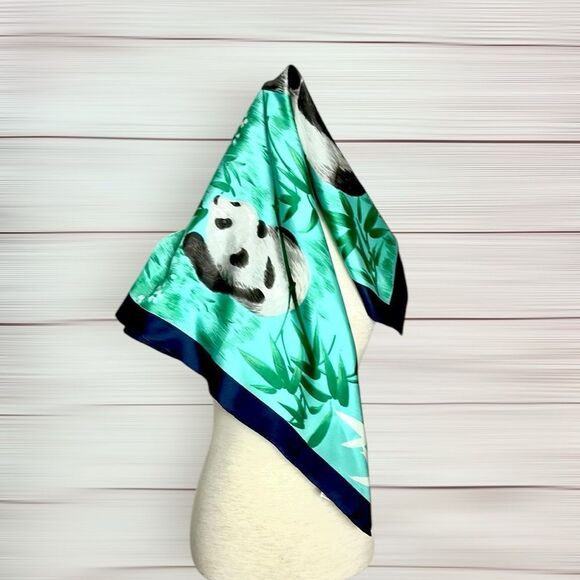 NWOT Silk Triangle Brand Scarf Panda Print Hand Rolled and Printed 29” Square - Picture 3 of 9